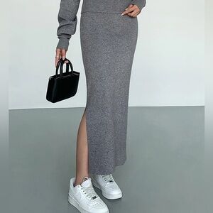 Commense Gray Long Straight Cozy Sweater Knit Maxi Skirt